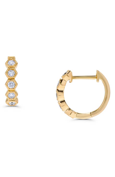 Hexagonal Diamond Huggie Hoop Earrings