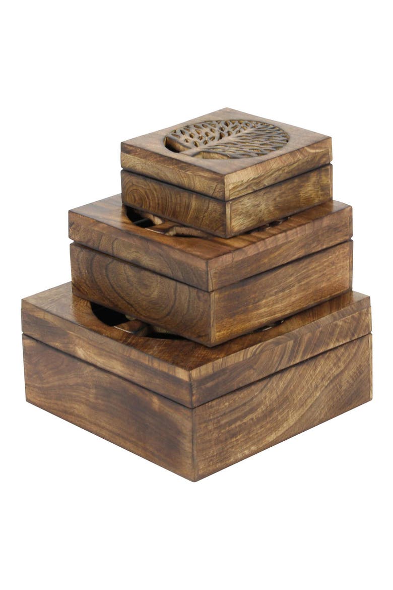 Handmade Wood Tree Set of 3 Storage Boxes, Alternate, color, BROWN