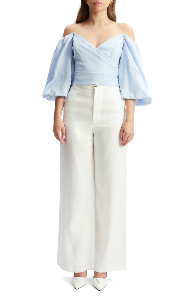 Bardot Eva Off the Shoulder Puff Sleeve Linen Crop Top, Alternate, color, 