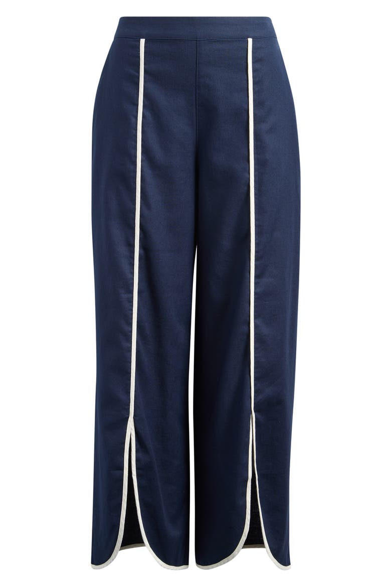Piped High Waist Split Hem Cotton & Linen Pants, Alternate, color, DARK INDIGO