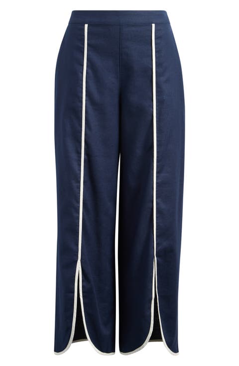 Piped High Waist Split Hem Cotton & Linen Pants