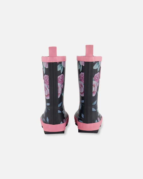 DEUX PAR DEUX DEUX PAR DEUX GIRL'S PRINTED RAIN BOOTS PINK, BLACK, AND FLOWERS 
