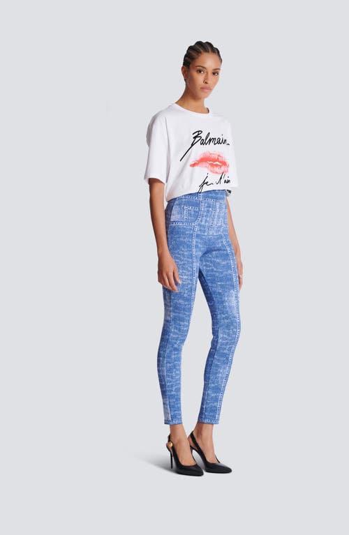 Shop Balmain Jacquard Knit Leggings With Denim Effect