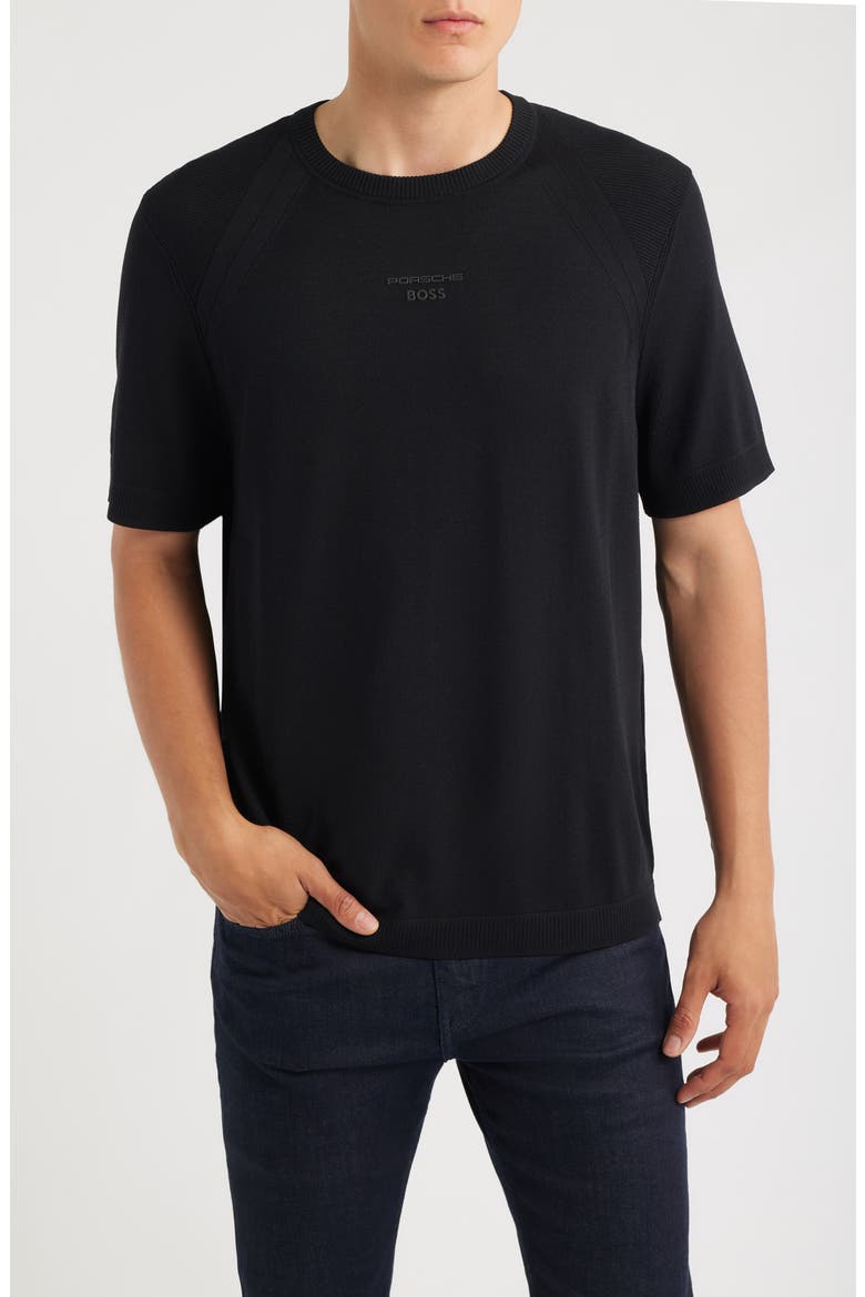 Porsche Spirit 70 Logo Short Sleeve Sweater, Main, color, BLACK