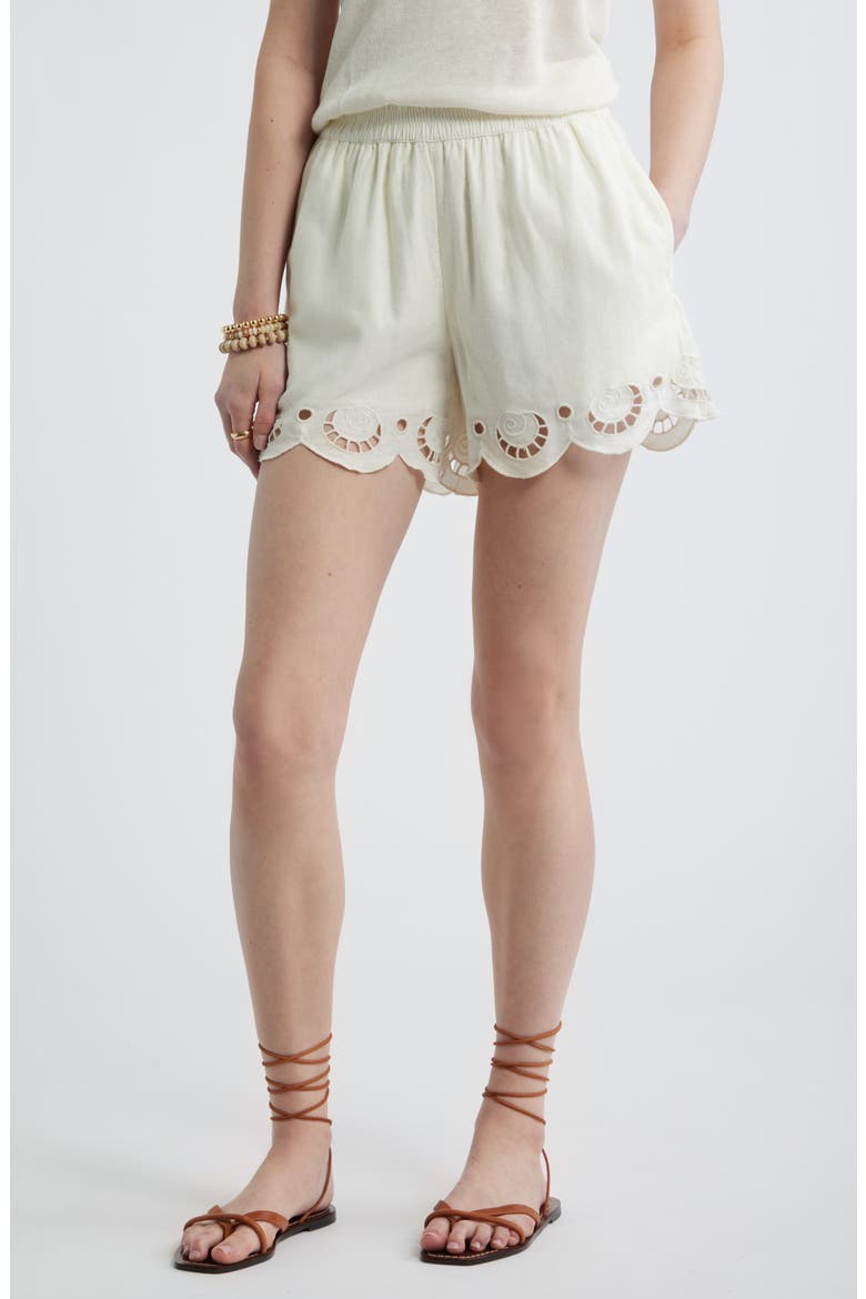 Cutwork Hem Linen Blend Pull-On Shorts, Main, color, IVORY EGRET