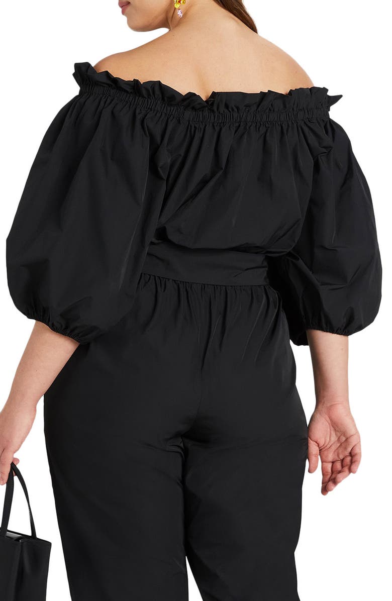 Kate Spade New York taffeta tie waist off the shoulder jumpsuit, Alternate, color,