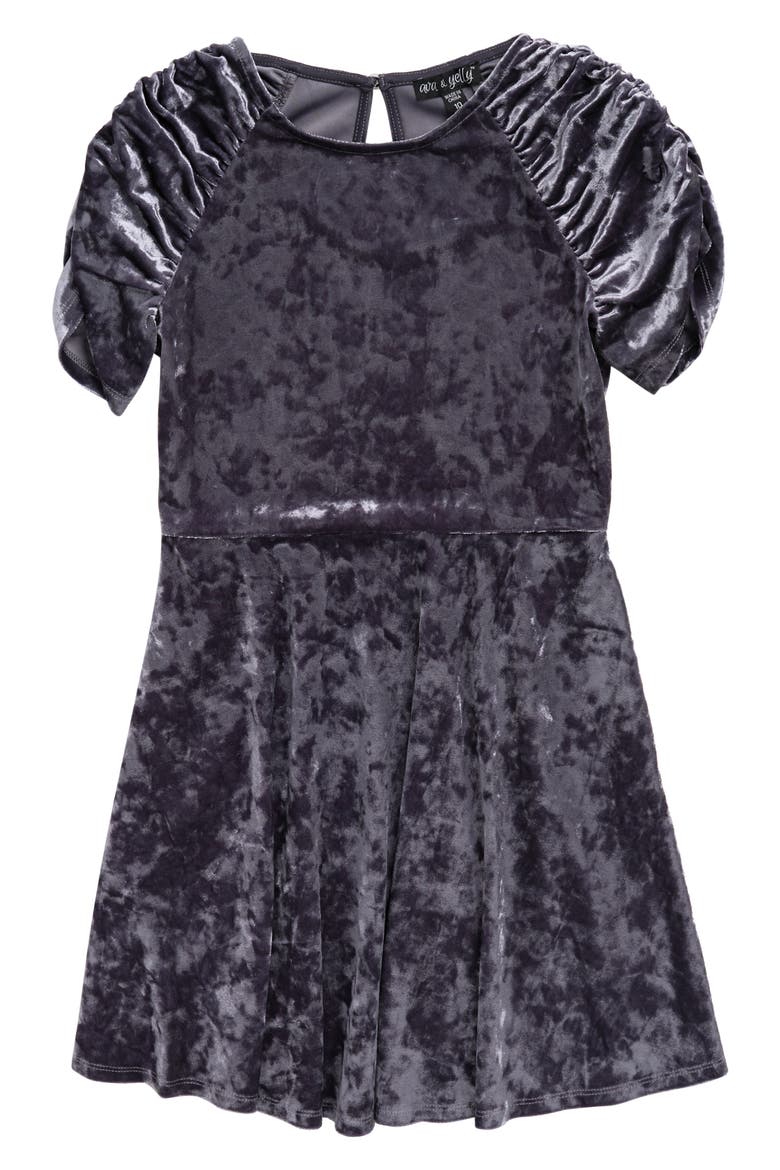 Kids' Crushed Velvet Cinched Sleeve Dress, Main, color, DARK GREY