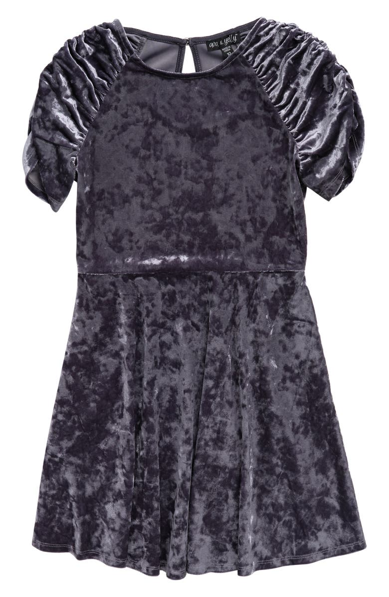 Ava & Yelly Kids' Crushed Velvet Cinched Sleeve Dress, Main, color, Dark Grey