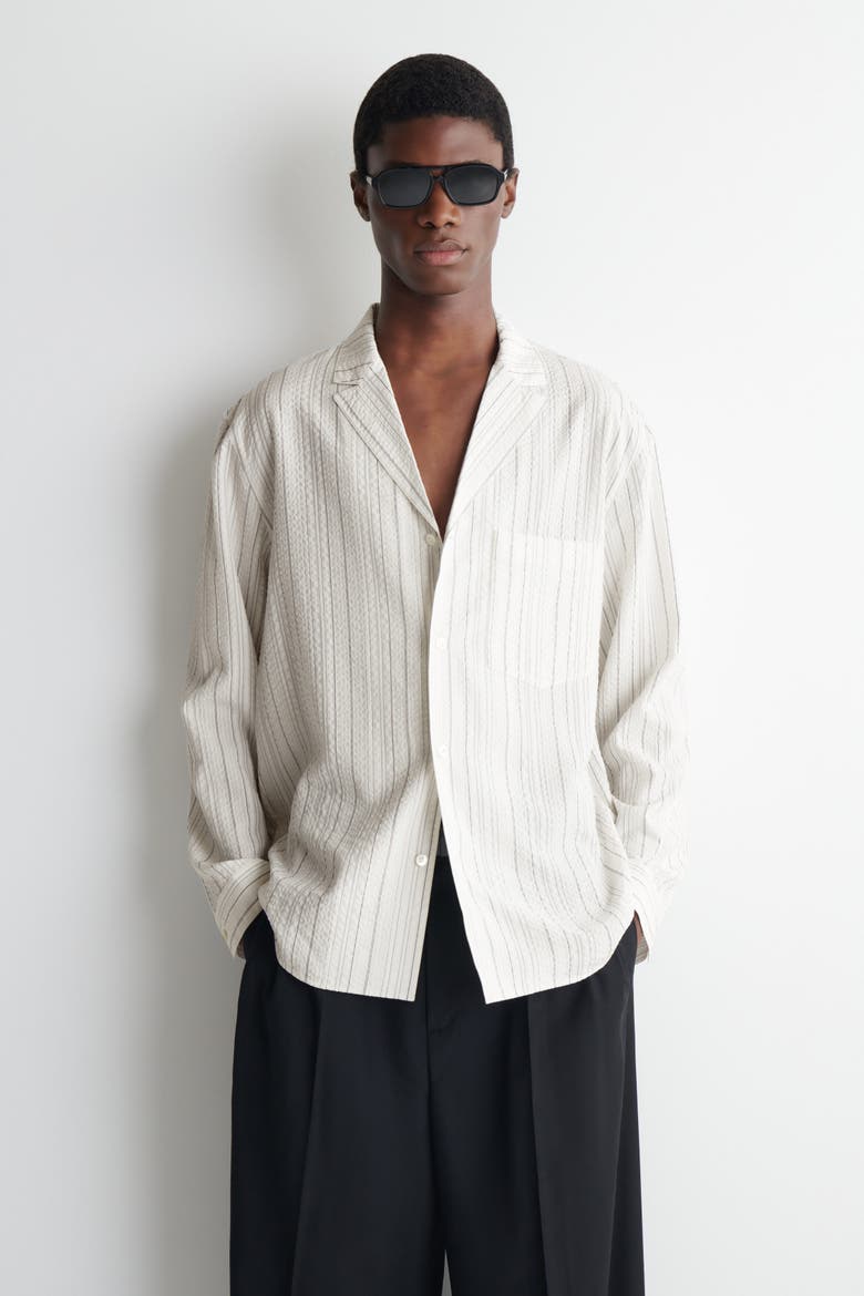 Striped Textured Camp-collar Shirt, Main, color, WHITE / STRIPED
