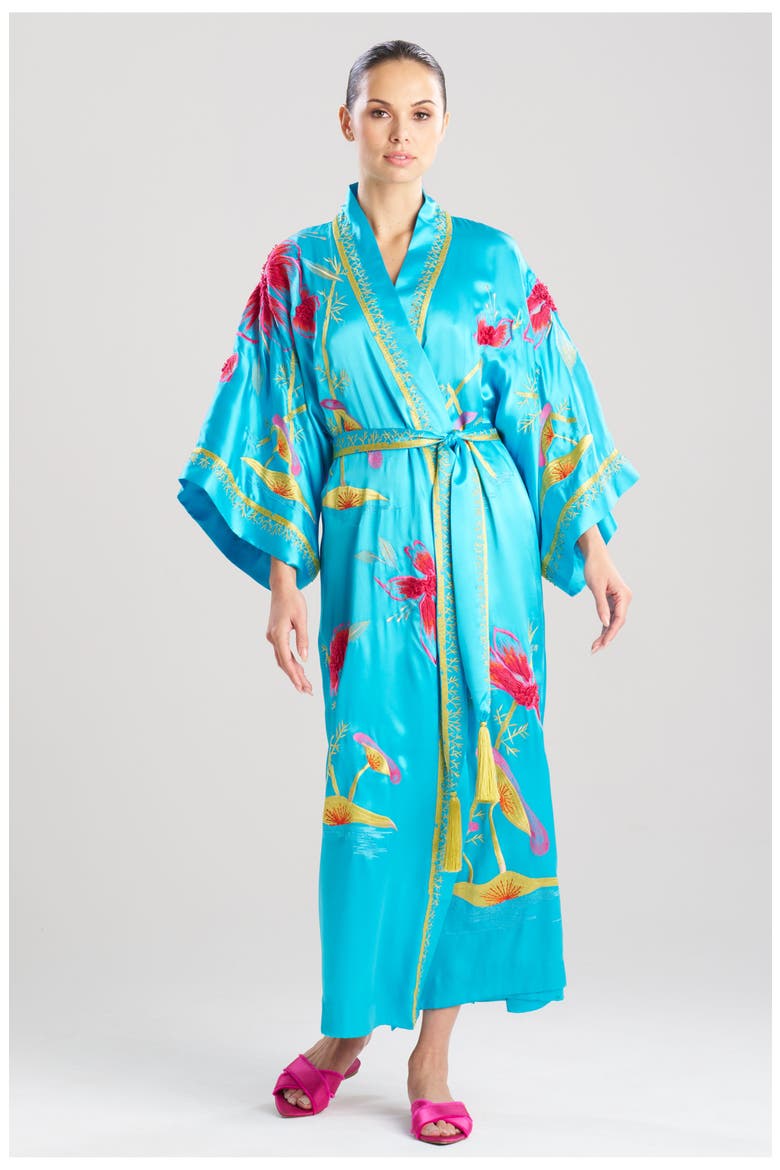 Couture Bali Embroidered Silk Robe, Main, color, Azure