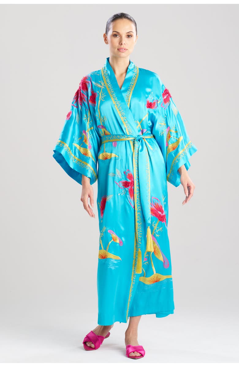 Josie Natori Couture Bali Embroidered Silk Robe, Main, color, Azure