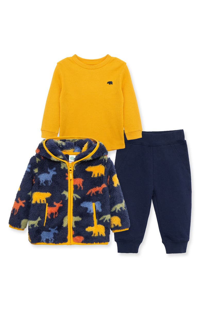 Little Me Woodland Fleece Hooded Zip Jacket, Thermal T-Shirt & Joggers Set, Main, color, 