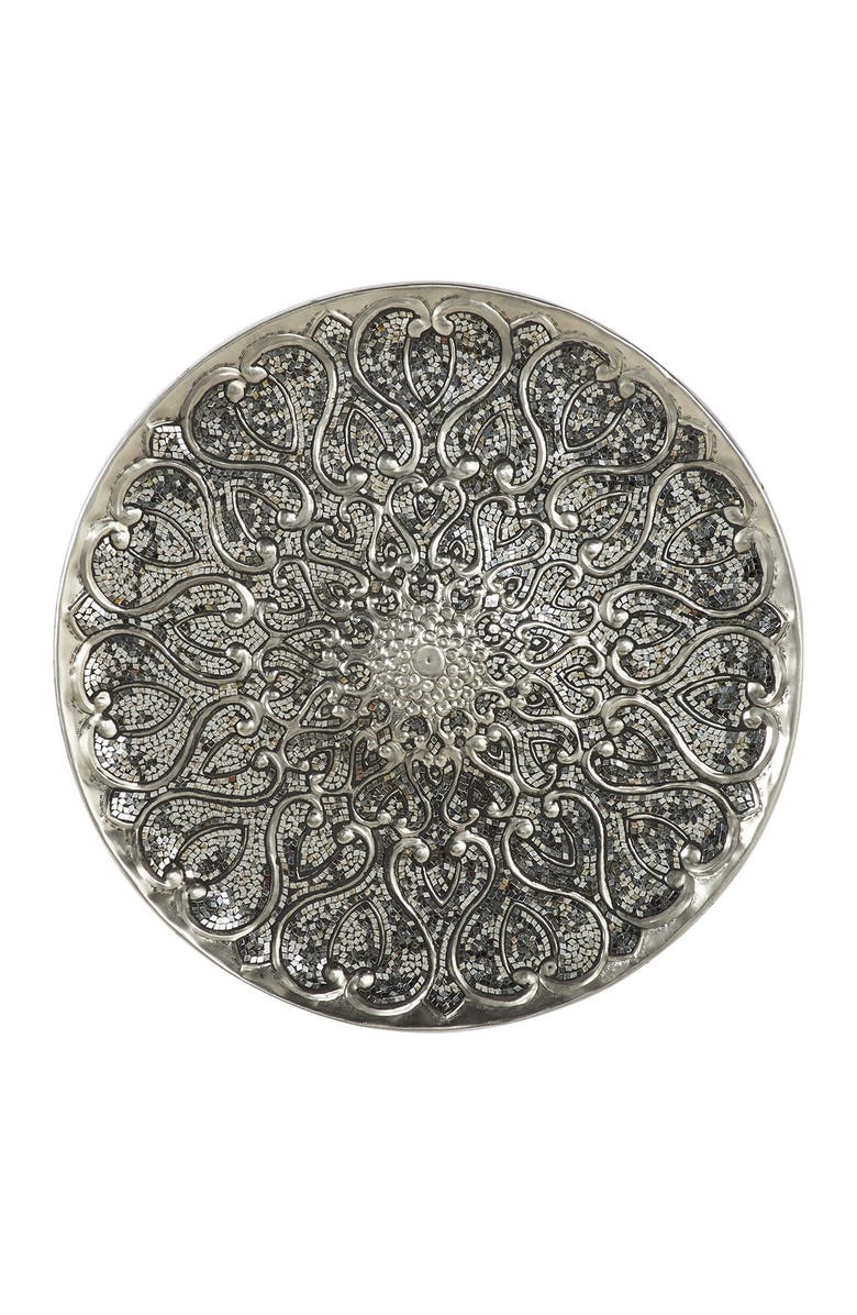 WILLOW ROW Large Round Silver Aluminum Wall Decor with Mosaic Mirror Detail - 33" x 33", Main, color,