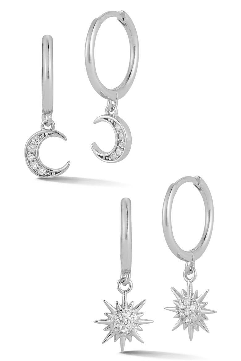 CZ Moon & Star Huggie Drop Earrings Set, Main, color, SILVER