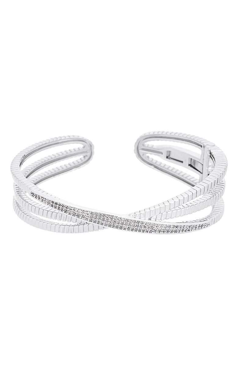 Juvell Cubic Zirconia Hinged Cuff Bracelet, Main, color, Silver