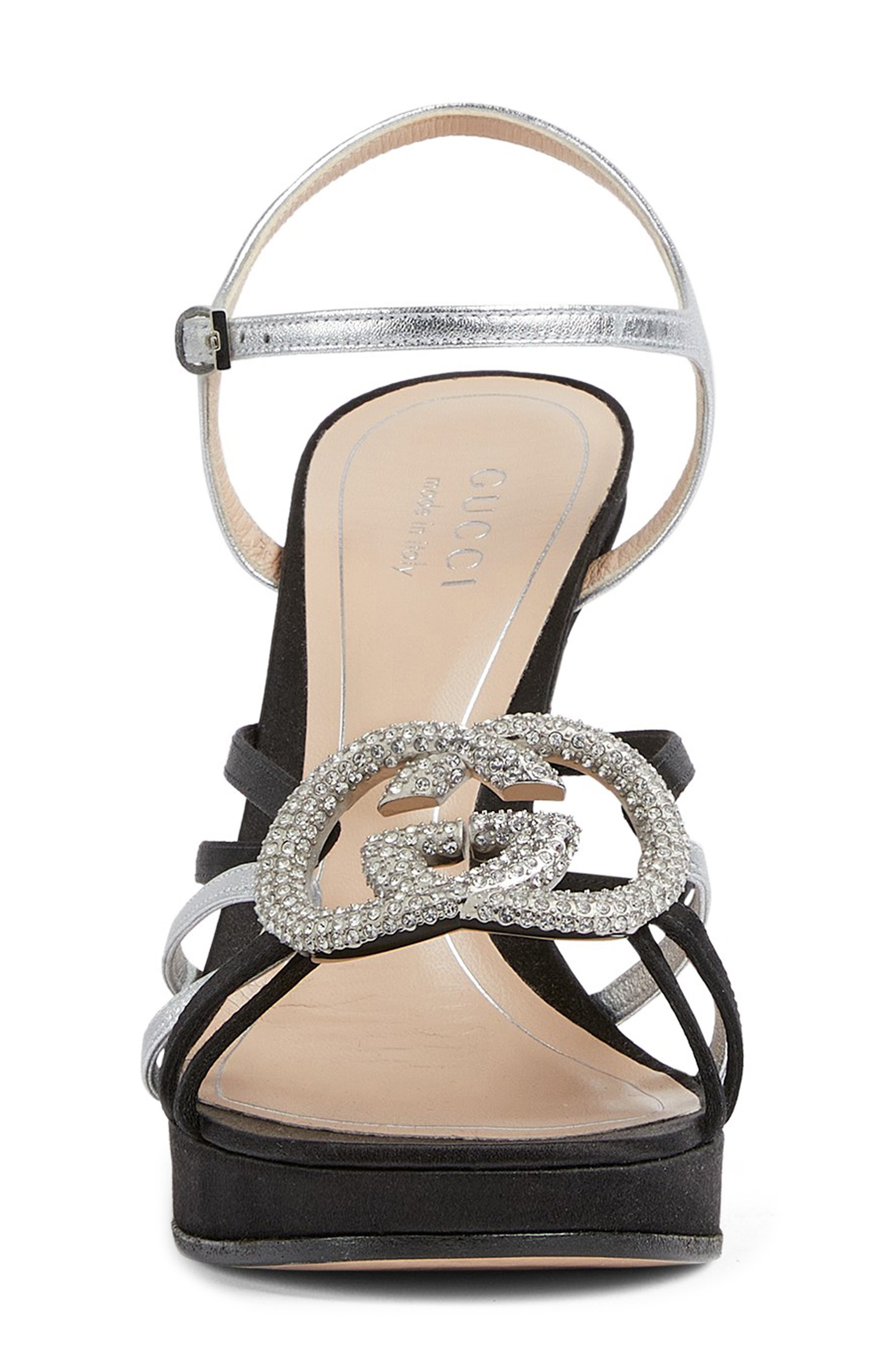 Gucci Alicia Crystal Interlocking-G Ankle Strap Sandal, Alternate, color, Black