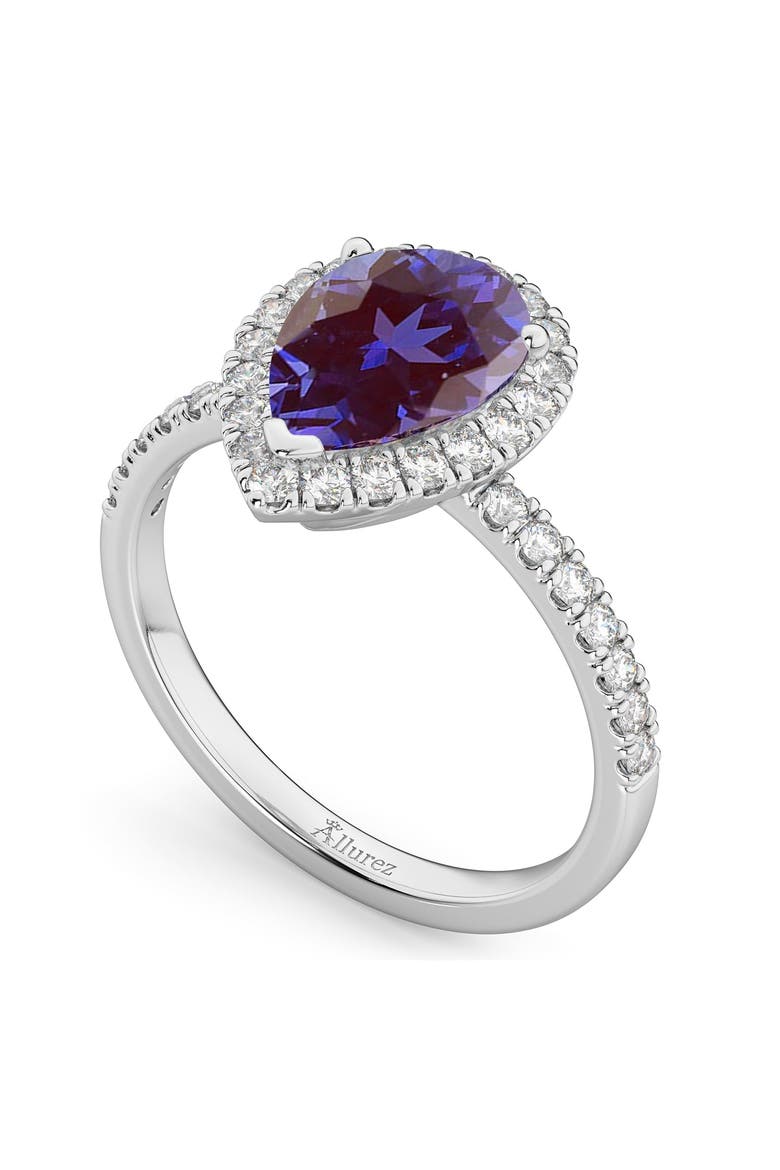 Pear Cut Halo Lab Alexandrite & Diamond Engagement Ring 14K, Alternate, color, 2.21ct/White Gold