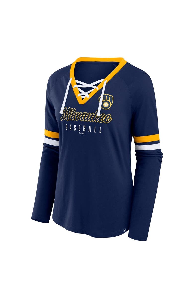 FANATICS Women's Fanatics Navy Milwaukee Brewers Won & Done Raglan Lace-Up Long Sleeve T-Shirt, Alternate, color, 