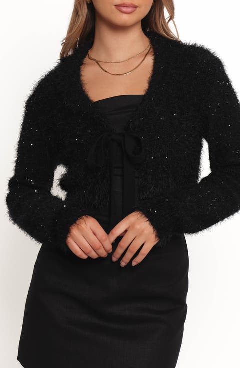 Capra Sequin Fuzzy Tie Front Cardigan