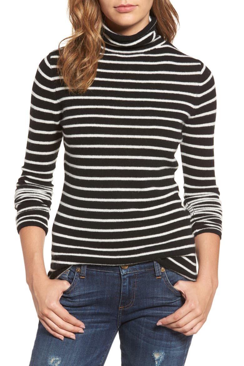 Funnel Neck Cashmere Sweater, Main, color, BLACK- IVORY STRIPE