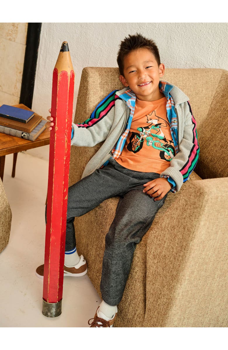 Tea Collection Stripe Sleeve Zip Sweater, Alternate, color, Med Heather Grey