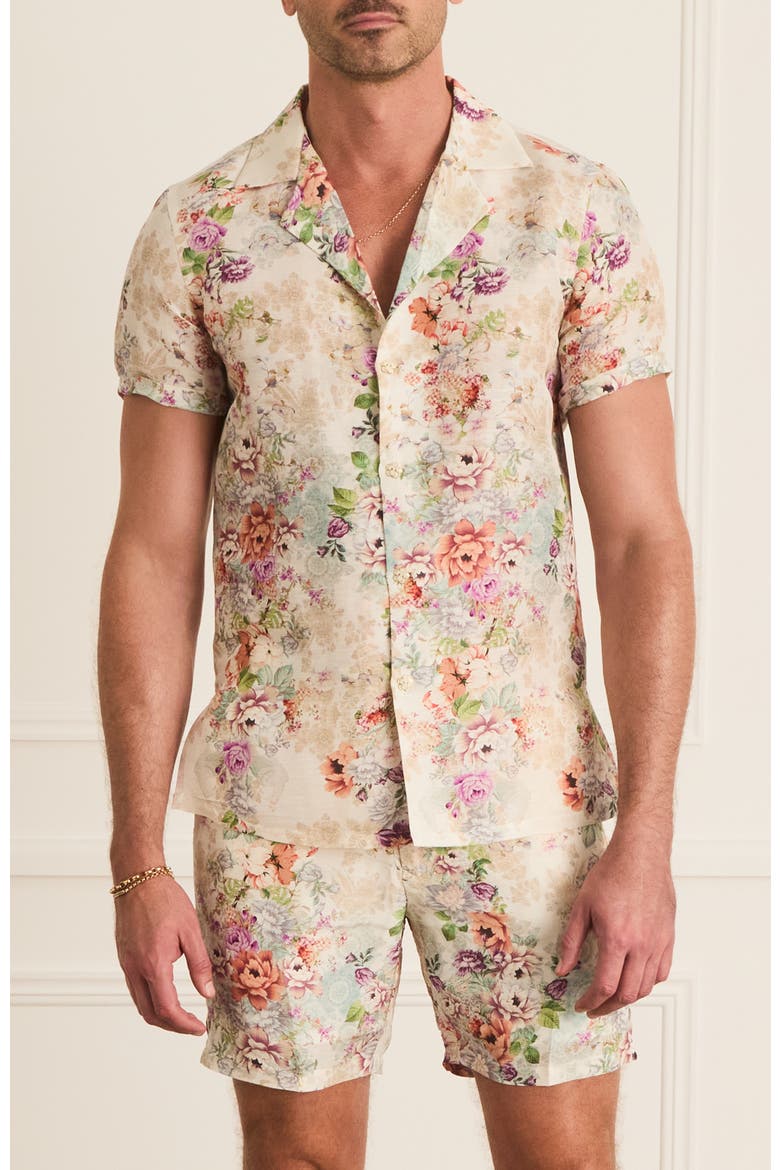 Cascade Collar Jean Short Sleeve Shirt, Main, color, White Floral Print