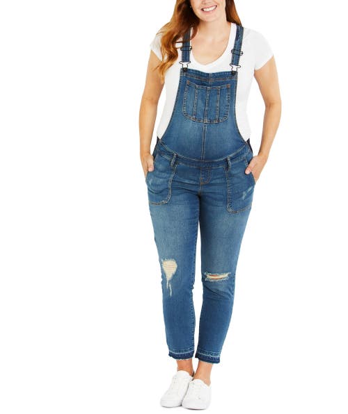 Motherhood Maternity Indigo Blue Side-panel Letdown Skinny Ankle Denim Overalls In Blue
