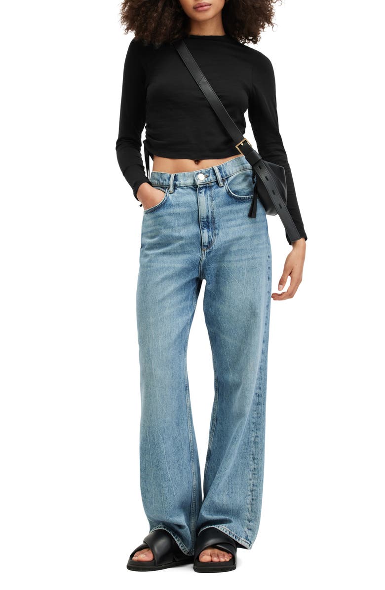 AllSaints Beta Ruched Funnel Neck Crop Top, Alternate, color, Jet Black