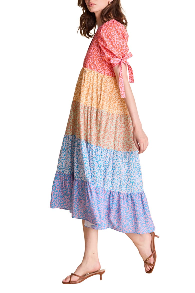 Floral Colorblock Tiered Cotton Midi Dress, Alternate, color, MULTI