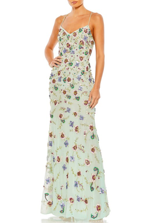 Mac Duggal Embellished Spaghetti Strap Lace Up Gown In Aqua Multi