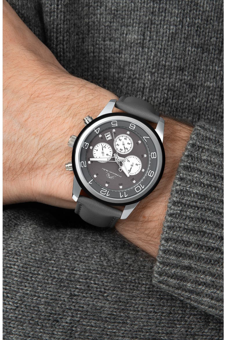 Men's Arthur Chronograph Leather Strap Watch, 44mm, Alternate, color, GREY