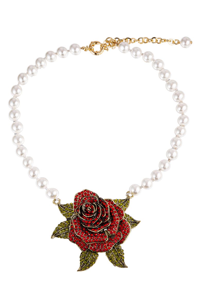 EYE CANDY LOS ANGELES Rosy Crystal Floral & Imitation Pearl Necklace, Main, color, 