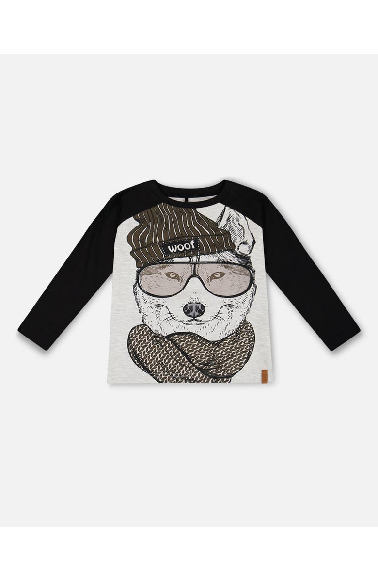 Deux par Deux Little Boy's Raglan T-Shirt With Print Gray Mix And Black, Main, color, 