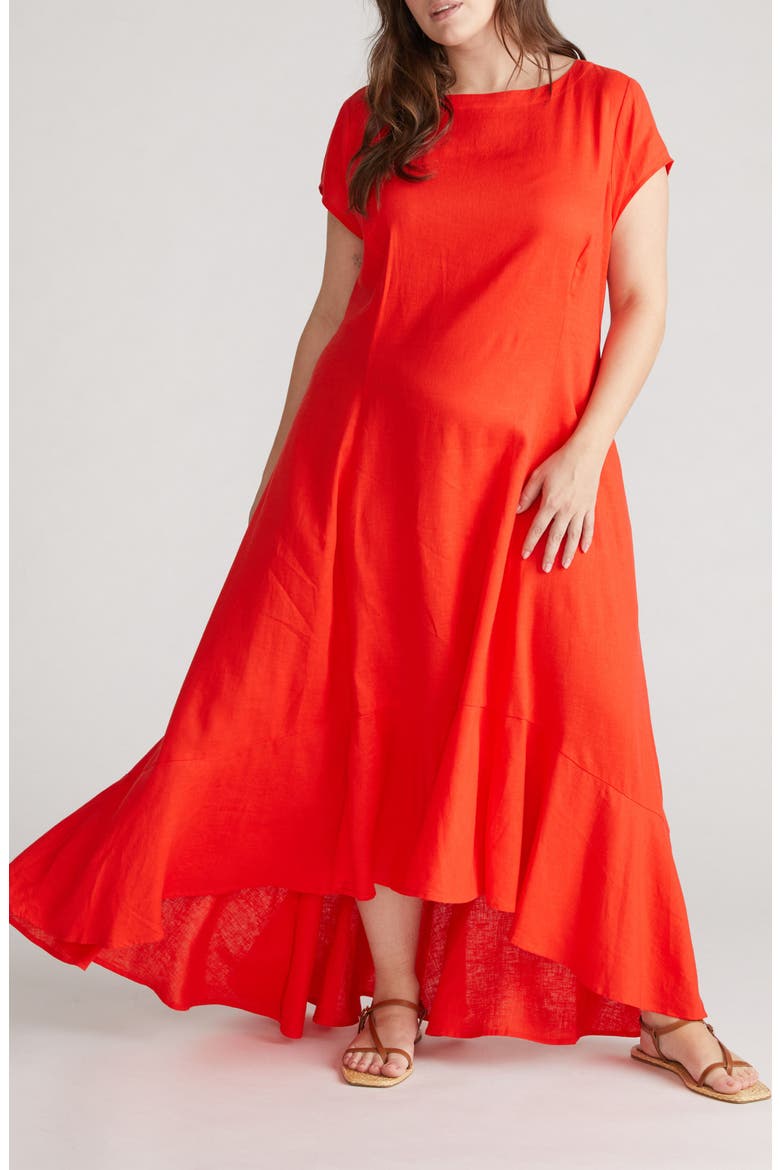 Sunset Cap Sleeve Linen Blend Dress, Main, color, SHORELINE SUNSET RED