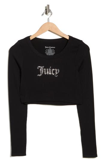Juicy Couture Rhinestone Embellished Logo Long Sleeve Crop T-shirt In Black