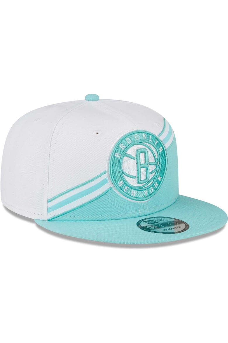 Men's New Era White/Turquoise Brooklyn Nets Diagonal Split 9FIFTY Snapback Hat, Alternate, color, White