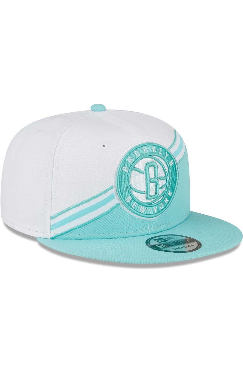 New Era Men's New Era White/Turquoise Brooklyn Nets Diagonal Split 9FIFTY Snapback Hat, Alternate, color,