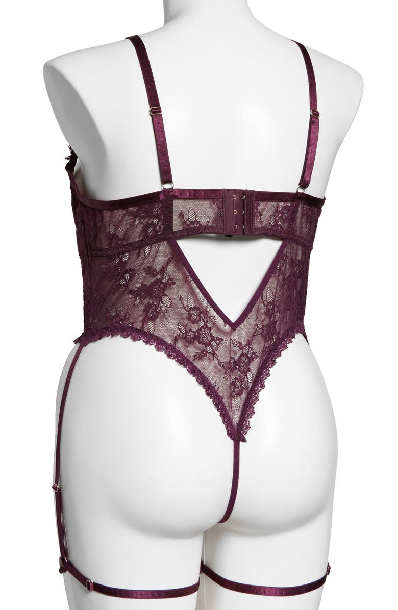 Oh La La Cheri Elayne Lace Open Cup Underwire Teddy with Garter Straps, Alternate, color, Potent Purple
