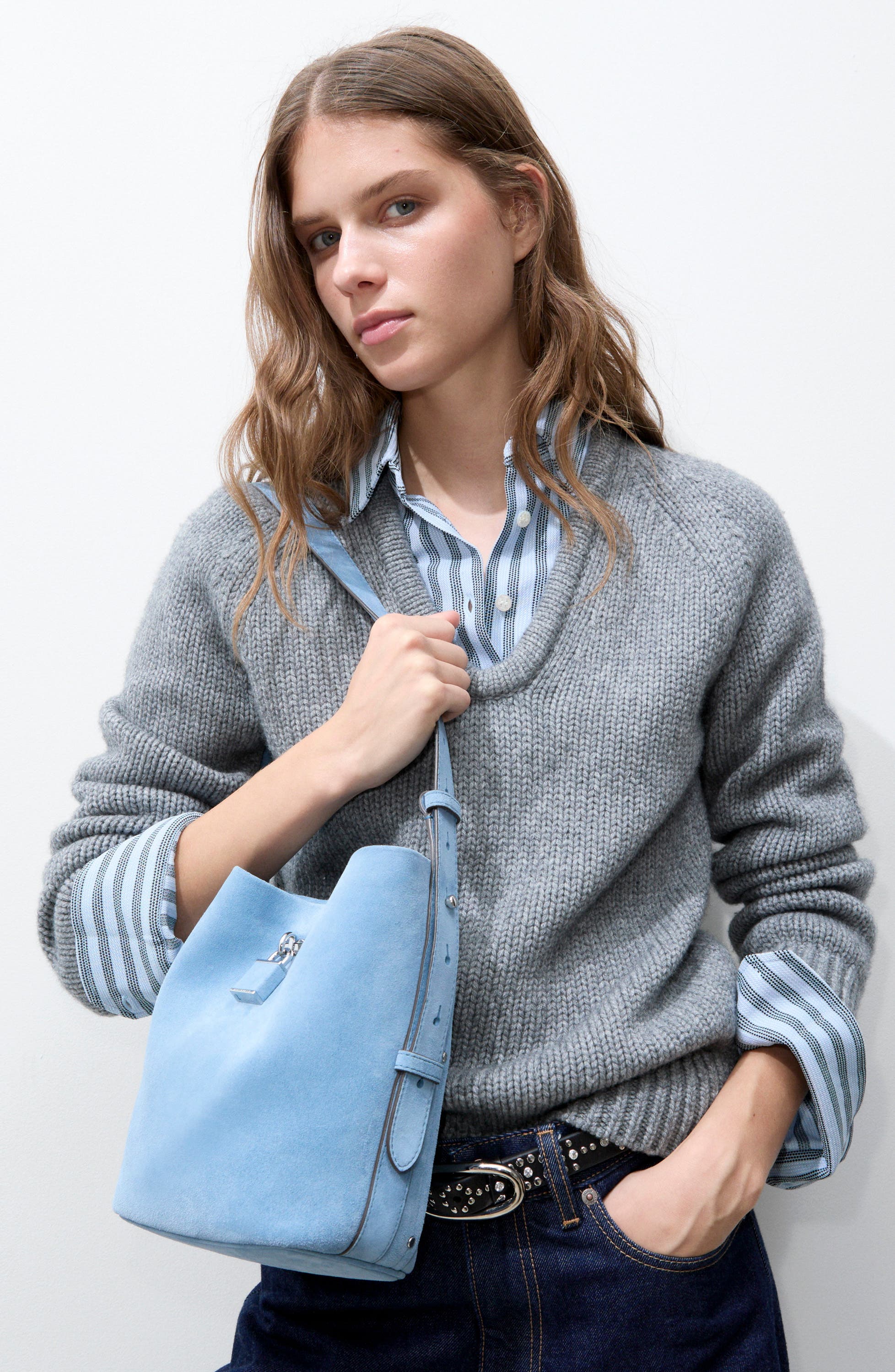 Lock Medium Slim Suede Bucket Bag, Alternate, color, STEEL BLUE