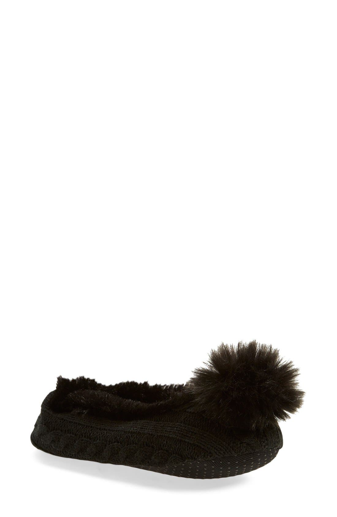 Faux Fur Pompom Knit Slippers, Main, color, BLACK