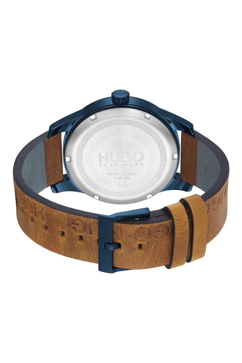 Invent Leather Strap Watch, 46mm, Alternate, color, BLUE