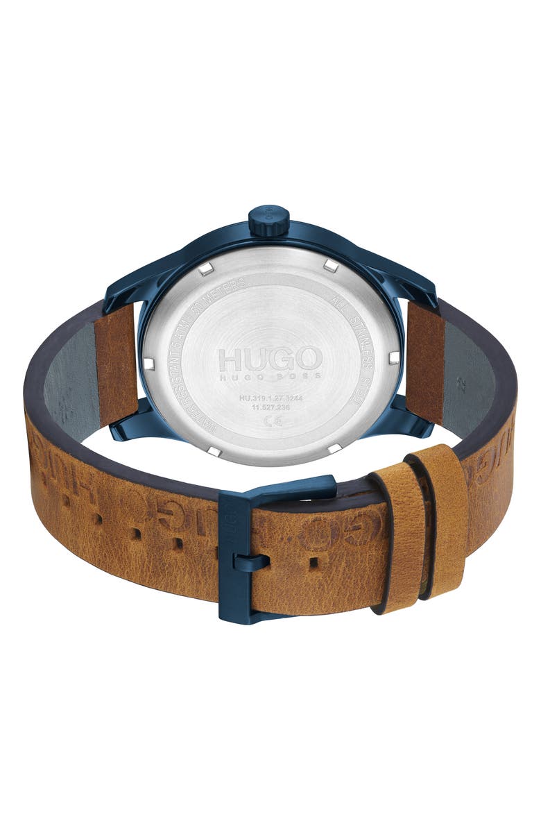 BOSS Invent Leather Strap Watch, 46mm, Alternate, color, Blue Dial