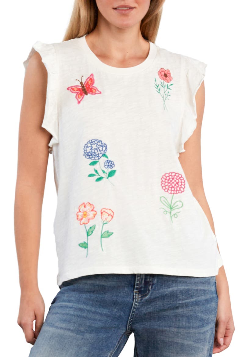 Aurora Petal Embroidered Sleeveless T-Shirt, Main, color, WHITE FLOWER