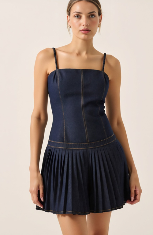 Modenaire Denim Mini Dress With Spaghetti Straps And Pleated Skirt In Blue