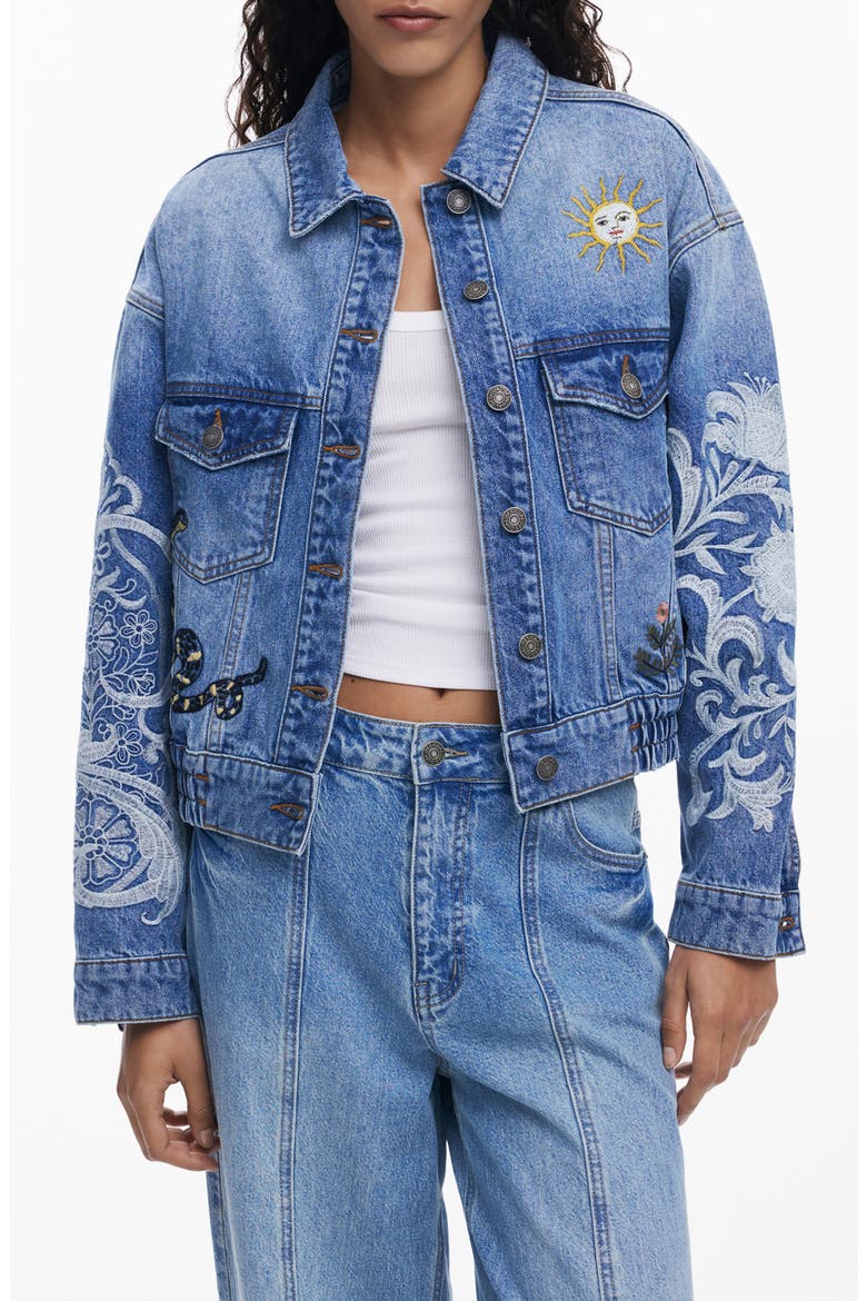 Embroidered Denim Trucker Jacket, Main, color, MEDIUM BLUE