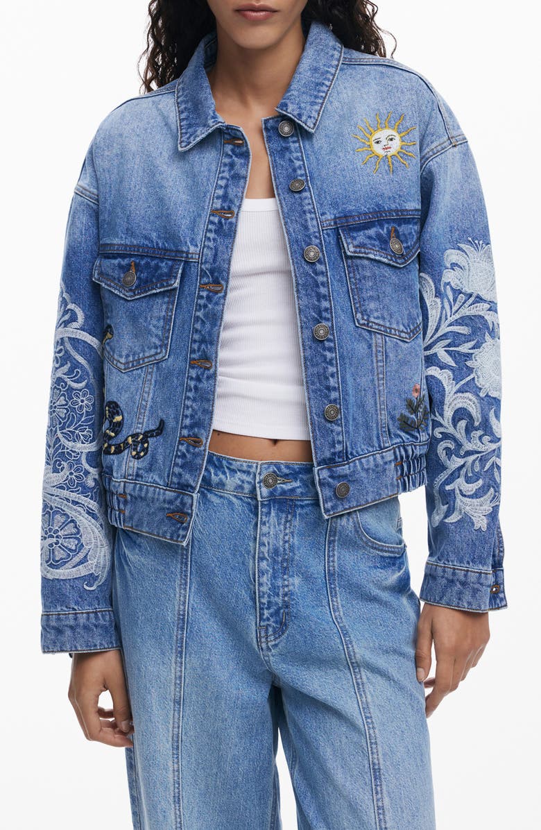 Desigual Embroidered Denim Trucker Jacket, Main, color, Medium Blue