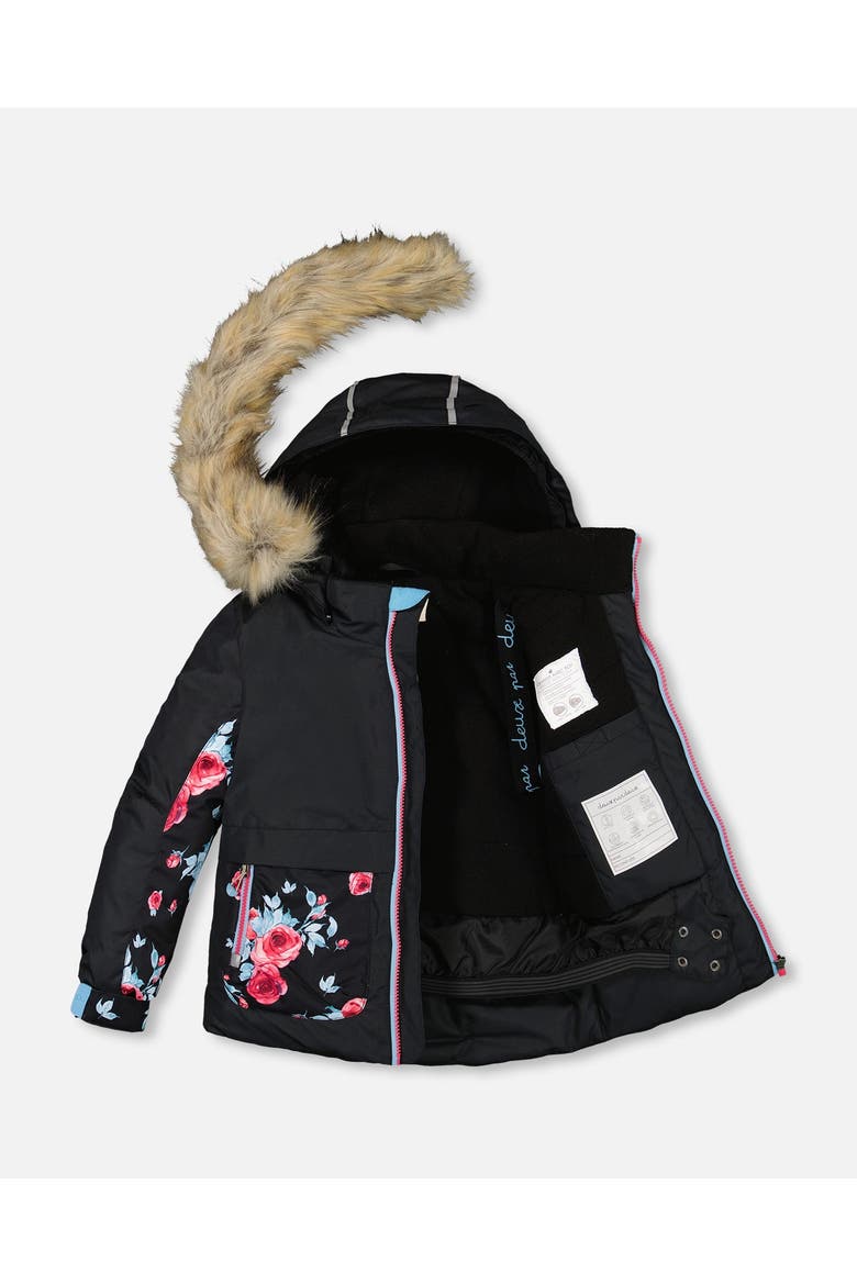Girl's Two Piece Snowsuit Black Printed Roses, Alternate, color, Printed Roses