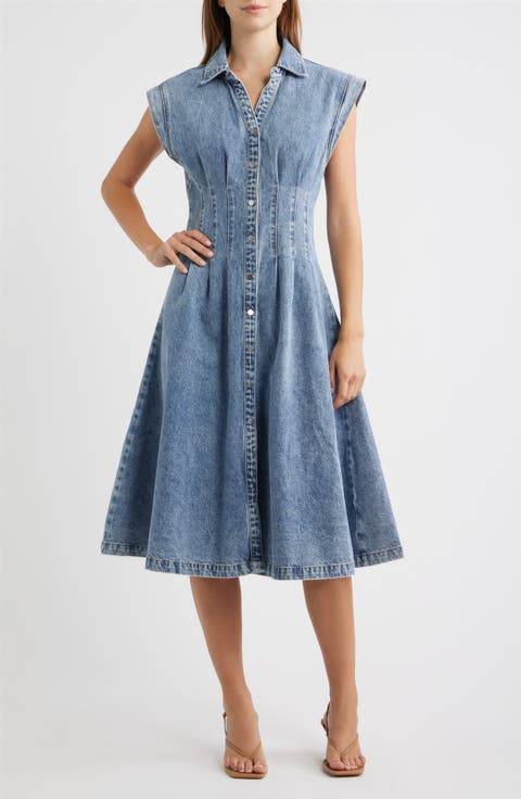Edie Pleat Waist Denim Shirtdress