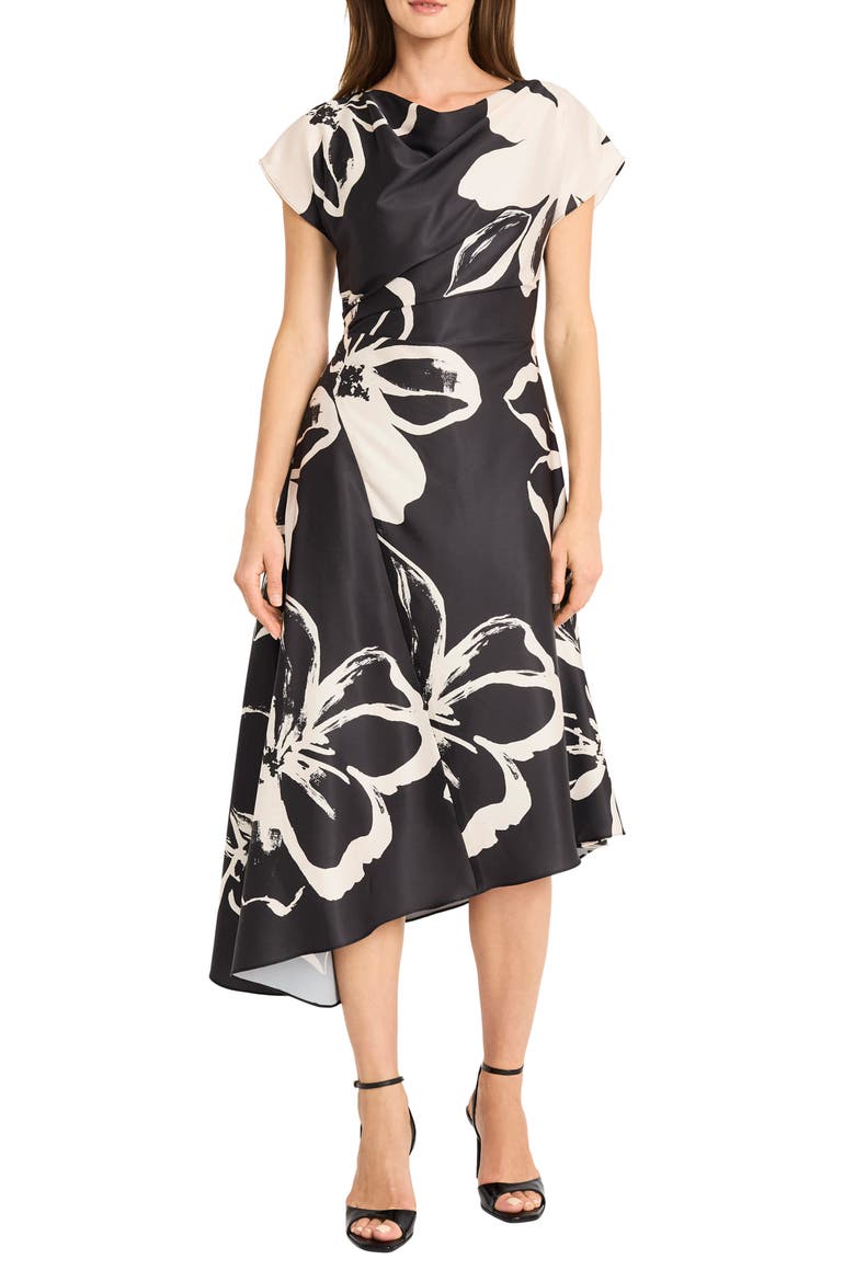 Asymmetric Hem Midi Dress, Main, color, BLACK/ CREAM