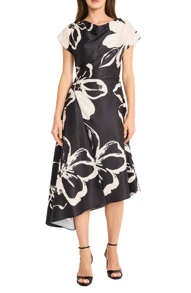 Maggy London Asymmetric Hem Midi Dress, Main, color, Black/ Cream